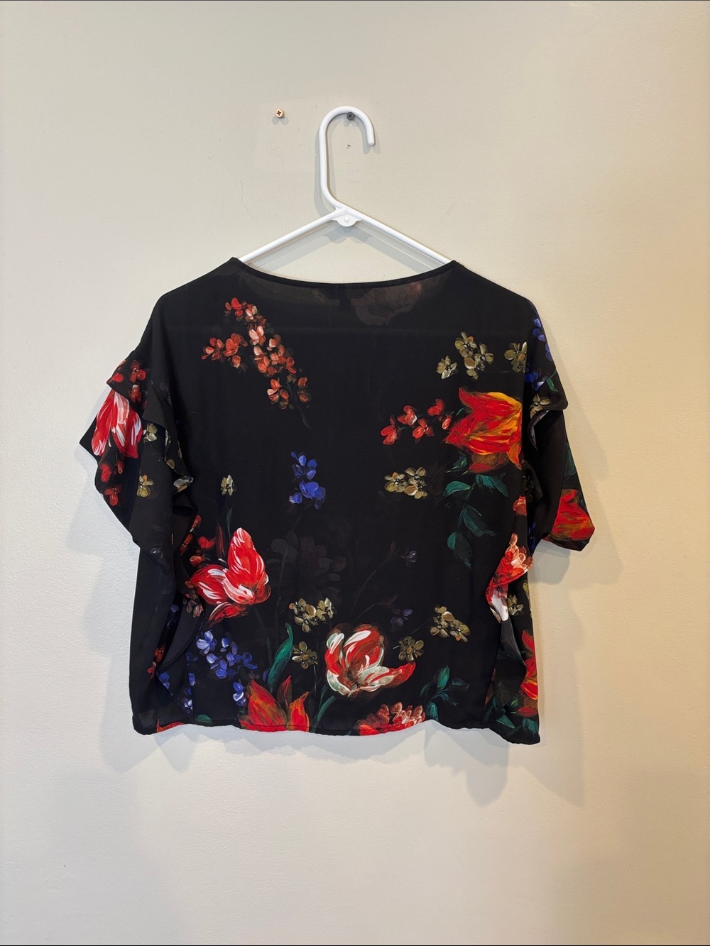 Express Black Floral Ruffle Sleeve Blouse with Red & Blue Accents - Picture 2 of 2